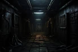 a grim abandoned corridor with damaged