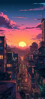 city sunset anime background