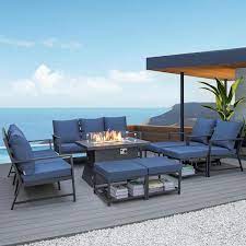 Fire Pit Table And Blue Cushions