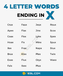 31 unique 4 letter words ending in x in