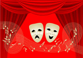 Teatro Musical. Dos Máscaras Y Notas Sobre La Cortina Roja Ilustraciones Svg, Vectoriales, Clip Art Vectorizado Libre De Derechos. Image 38369068.