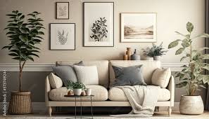 beige sofa plants shelf