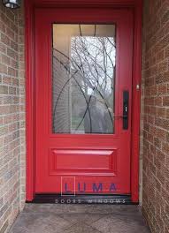 red steel door with iron design glass