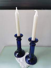 2 vintage cobalt blue glass candle