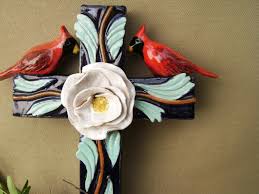 Hand Crafted Cardinal On A Cross Handmade Ceramic 3