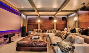 Signature Theater Kalispell Rustic Home Theater Also Beams Curtains Fur Home Theater Lighting Home Theater Seating Movie Room Ottoman Paneled Walls Pillows Sectionals Speakers Throw Finefurnished Com
