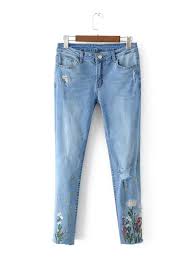 Ladies Jeans Trousers Embroidery Flower Denim Pants Casual