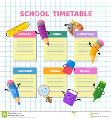 School Timetable With Funny Cartoon Stationery Characters