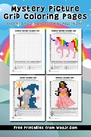 Keep coloring one square at a time until you have filled in the mystery image! Mystery Picture Grid Coloring Pages Fantasy Fairy Tales Woo Jr Kids Activities