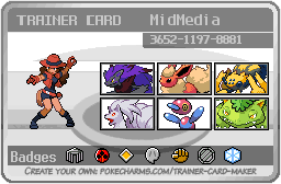 I encourage you to make your own personal trainer card with the six pokémon you would have in your main team if pokémon were real and just as friendly to the world as they are in theirs. Midmedia S Trainer Card Pokecharms