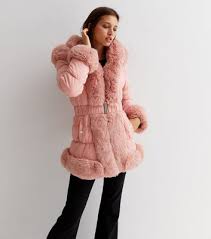 Cameo Rose Pink Faux Fur Trim Belted