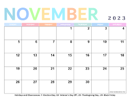 Free Printable November 2023 Calendar with Holidays | Awesome Designs!