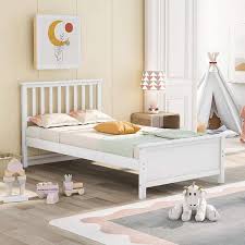 Anbazar White Twin Size Solid Wood Bed Frame Twin Size Wood Platform Bed With Headboard And Footboard No Box Spring Need