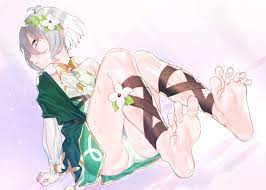 subachi, kokkoro (princess connect!), princess connect!, commentary  request, 1girl, antenna hair, bare shoulders, barefoot, breasts, bridal  gauntlets, collarbone, dress, dutch angle, feet, flower, green panties,  grey hair, hair between eyes, hair flower,