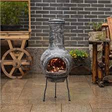 Vintiquewise Outdoor Stoney Grey Clay Chimenea Scribbled Design Fire Pit With Metal Stand