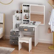 gray wood makeup vanity table stool set