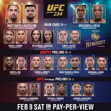 Take a look at the ufc 243 event info with lineup, start times, and key storylines below. Ufc On Twitter Rt B C It S Fight Day Ufc234 Robwhittakermma Vs Kelvingastelum Stylebender Vs Spideranderson Goes Down Tonight 10 00pmet 7 00pmpt Live On Ppv Https T Co Lvigvc0qoq Https T Co