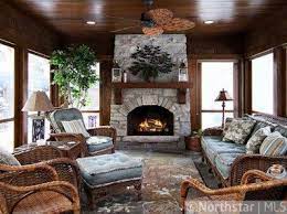 4 Season Porch Sunroom Rustic Fireplace