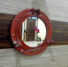 Nautical Red Porthole Wall Mirror Metal