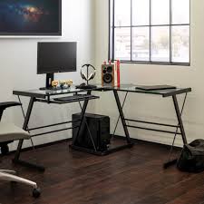 Made with a black tempered glass top and a chrome finish on the steel frame. Walker Edison Glass And Metal L Shaped Computer Desk Black Clear Glass Walmart Com Walmart Com