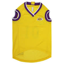 White, with the front los angeles lakers team graphic. Pets First La Lakers Basketball Mesh Jersey For Dogs X Large Petco