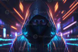 hooded hacker in a dark with neon