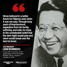 November 1932 in concepcion, provinz tarlac, philippinen; Abs Cbn News On Twitter Vice President Leni Robredo Urged The Public To Emulate Martyred Sen Benigno Ninoy Aquino Jr Who Believed In A Better Future For Filipinos As The Country Grapples With