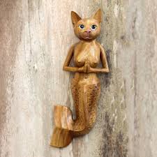 Suar Wood Mermaid Cat Wall Sculpture