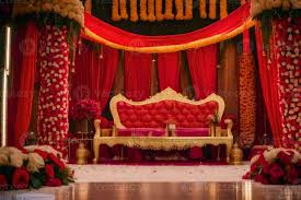 a red and gold wedding se decorated