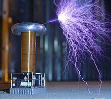 The small one used in the demonstration makes about 60,000 volts. Tesla Coil Wikipedia