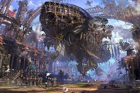 steunk city airship ruins art