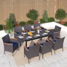 Phi Villa Black 9 Piece Metal Patio Outdoor Dining Set With Extendable Table And Rattan Chairs With Blue Cushion