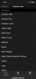 workout types in the workout app