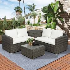 afoxsos 4 piece brown pe rattan wicker outdoor sectional furniture sofa set with loveseat coffee table and beige cushions