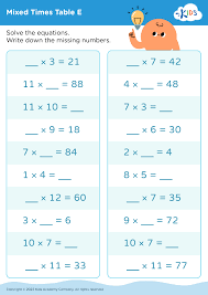 free mixed times table e worksheet for kids