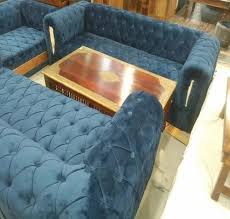 blue swed fabric chesterfield sofa set