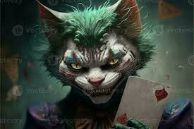 evil cat joker with yellow eyes smiles
