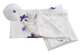 White Silk Womens Tallit With Purple Flowers