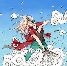 Illustration of Sakura Haruno from Naruto. She is in her genin attire holding a fan down to her knees. Flower petals and clouds are swirling around her.