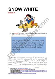 The fairy tale features such elements as the magic mirror, the poisoned apple, the glass coffin, and the characters of the evil queen and the seven dwarfs. Snow White Extract A Esl Worksheet By Linam
