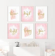 girls nursery prints pink gold wall art