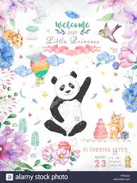Happy Birthday Card Design With Cute Panda Bear And Boho