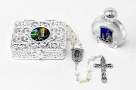 pearl lourdes water rosary gift set