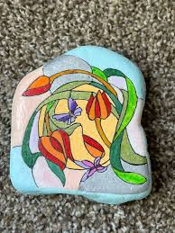Erflies And Flowers Painted Rock In