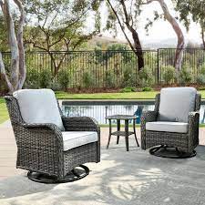 Oreille Grey 3 Piece Wicker Outdoor Patio Conversation Swivel Chair Set With A Side Table And Light Grey Cushions