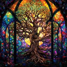 A Stained Glass Window With A Tree In