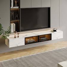 floating wall hung tv stand modern hanging tv cabinet with motion sensor led 4 flip down doors white stone 110 24