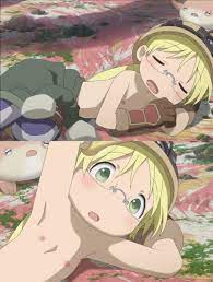 flatculture, riko (made in abyss), made in abyss, absurdres, highres, nude  filter, screencap, third-party edit, 1girl, armpits, blonde hair, female  focus, flat chest, glasses, gloves, green eyes, helmet, loli, lying, lying  on