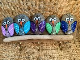 Owl Family Wall Hanger Painted Rock