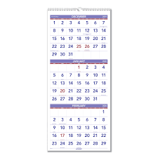 Vertical Format Three Month Reference Wall Calendar 12 X 27